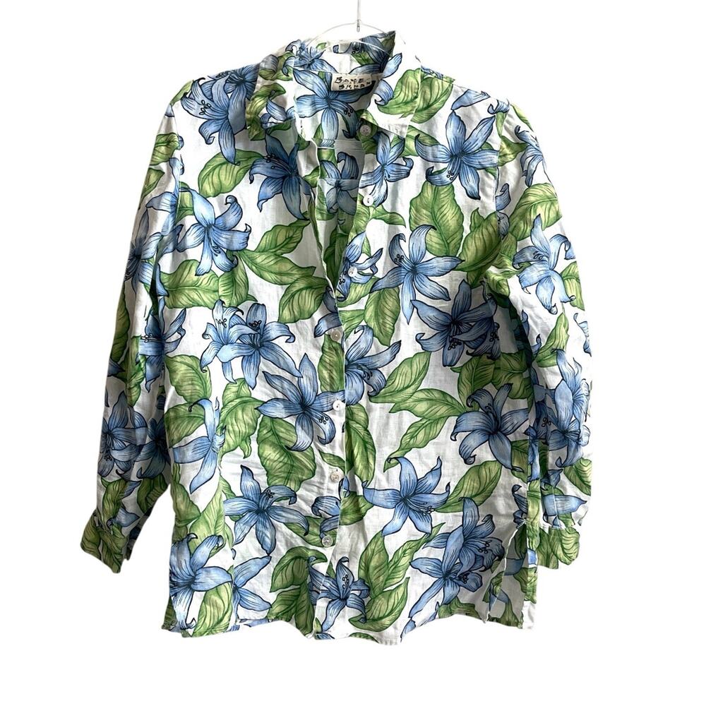 Linen Iris Floral Roll Tab Long Sleeve Beach Hawaiian Shirt Size S Womens Top